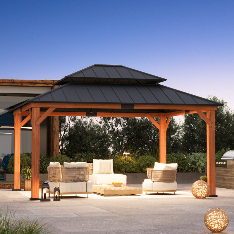 Rosewood 13 FT. X 15 FT. Premium Cedar  Wood Framed Hard Top Patio Gazebo With 2-Tier Metal Roof
