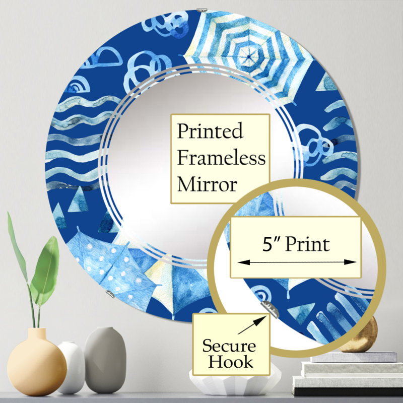 Soleil vacances avec soleil vagues d'eau et parasol en V - miroir mural à motif rond, 24 po x 24 po