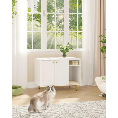 Cat Litter Box Enclosure, Hidden Litter Box Furniture with Scratching Mat, Wooden Pet House Side End Table, Tall Legs, Double Doors, 80 x 50 x 61 cm, White and Gold, Black and Gold, White