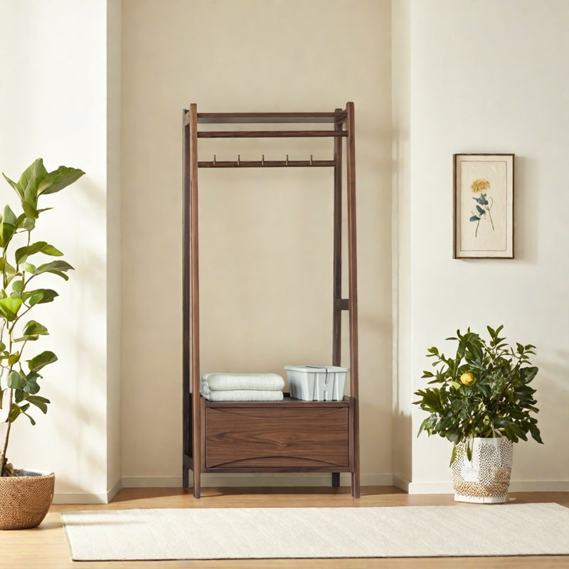 Solid Wood Coat Rack with Drawers and Hooks