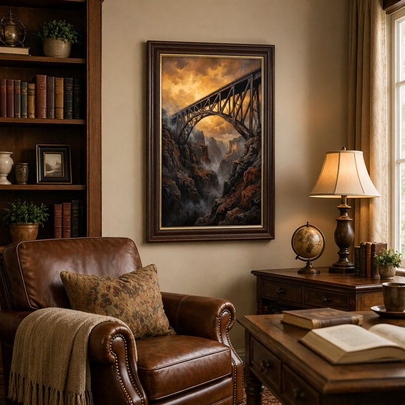 Art mural antique sur toile encadré doré pour le salon, la chambre à coucher, le bureau ou le vestibule - Décoration murale décorative avec paysage dramatique