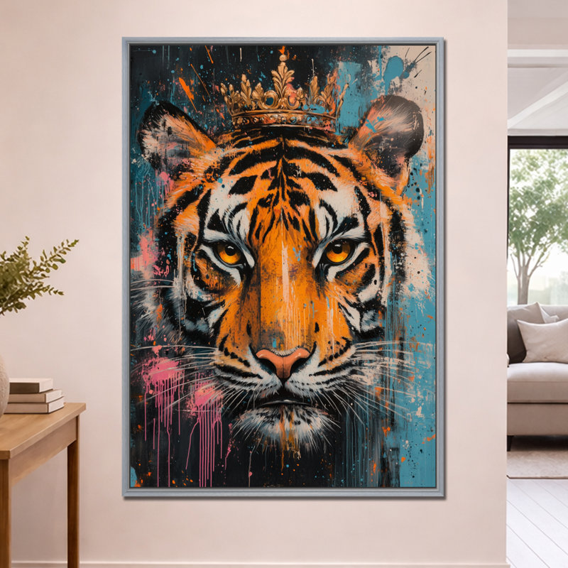 Art pop animalier - Tigre - Toile encadrée, H 60 po x l 40 po, Encadrement argenté