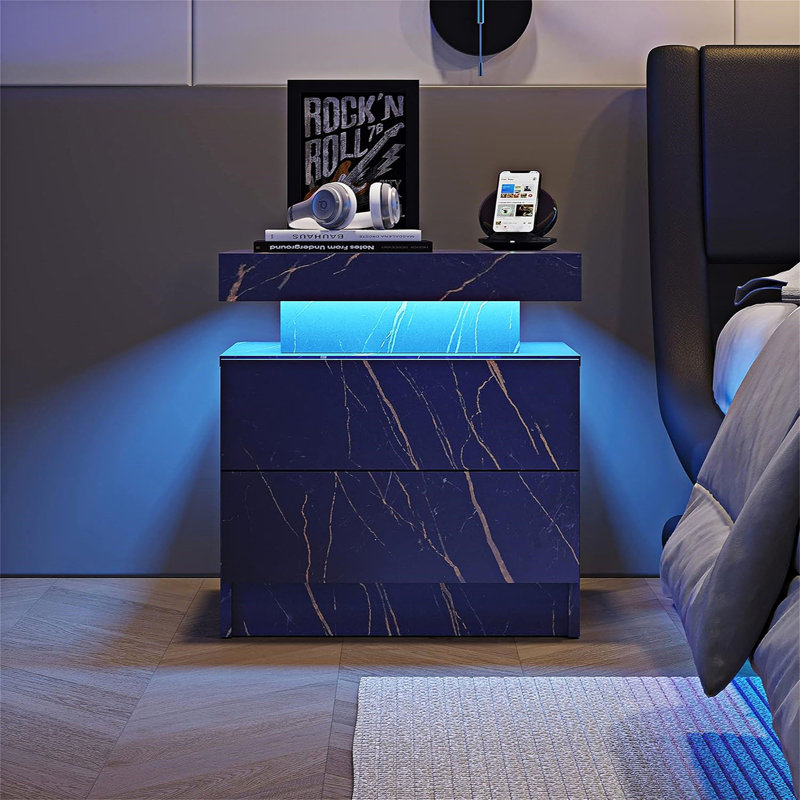 Table de bout moderne avec 2 tiroirs et lumières DEL, Bleu/doré