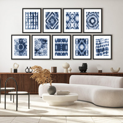 Framed Wall Art Collage Print Gallery Set, Blue Tie-Dye Symbol Patterns Abstract Shapes Illustrations Modern Art Minimal Bohemian Ultra for Living Room, Office, Bedroom - 11" x 14" x 9 Black