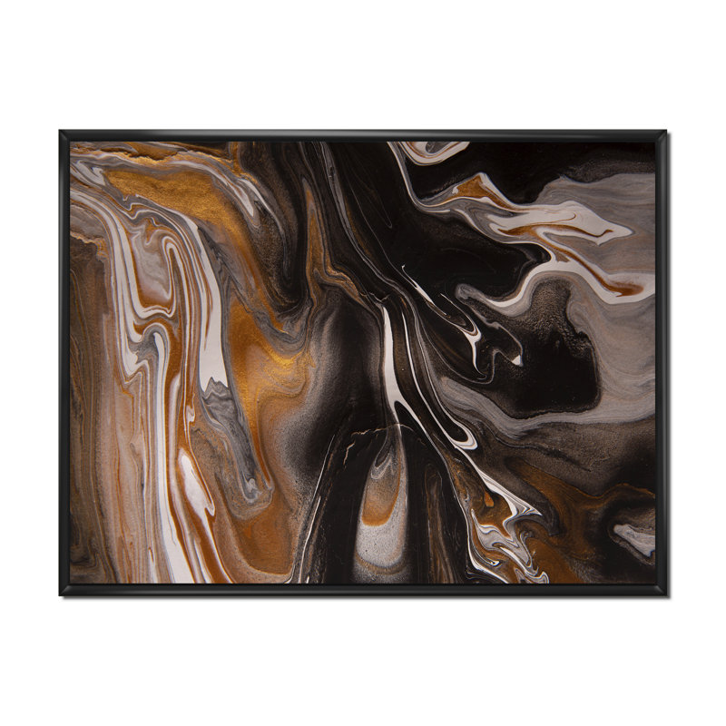 «Black and Brown Marble Universe», peinture sur toile, H 34 po x l 44 po, Cadre flottant noir