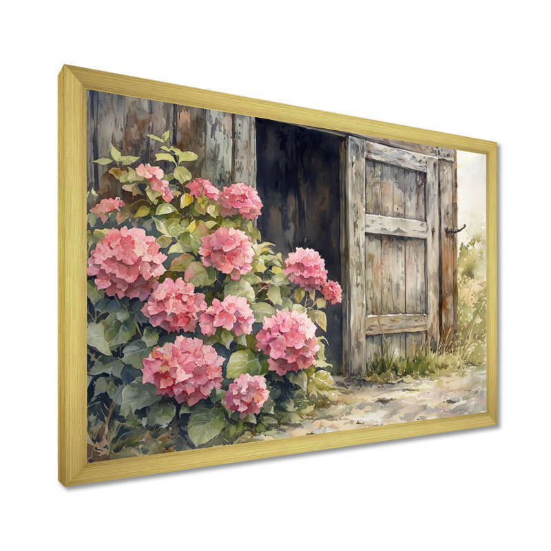 «Donnal Hydrangeas By The Farmhouse Gate I - Hydrangea», art mural, Reproduction encadrée d'une seule photo, Doré