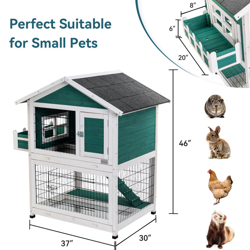 Lapin extérieur de 2 étages avec plateau coulissant et toit imperméable - Bois massif spacieux pour 1 à 2 lapins et petits animaux de compagnie de taille similaire
