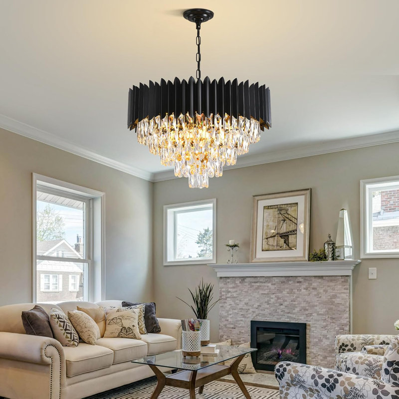 Modern Black Vertical Slat & Crystal Chandelier, E14 Base, 4 Size Options, No Bulb, 5 Tiers, 9 Lights