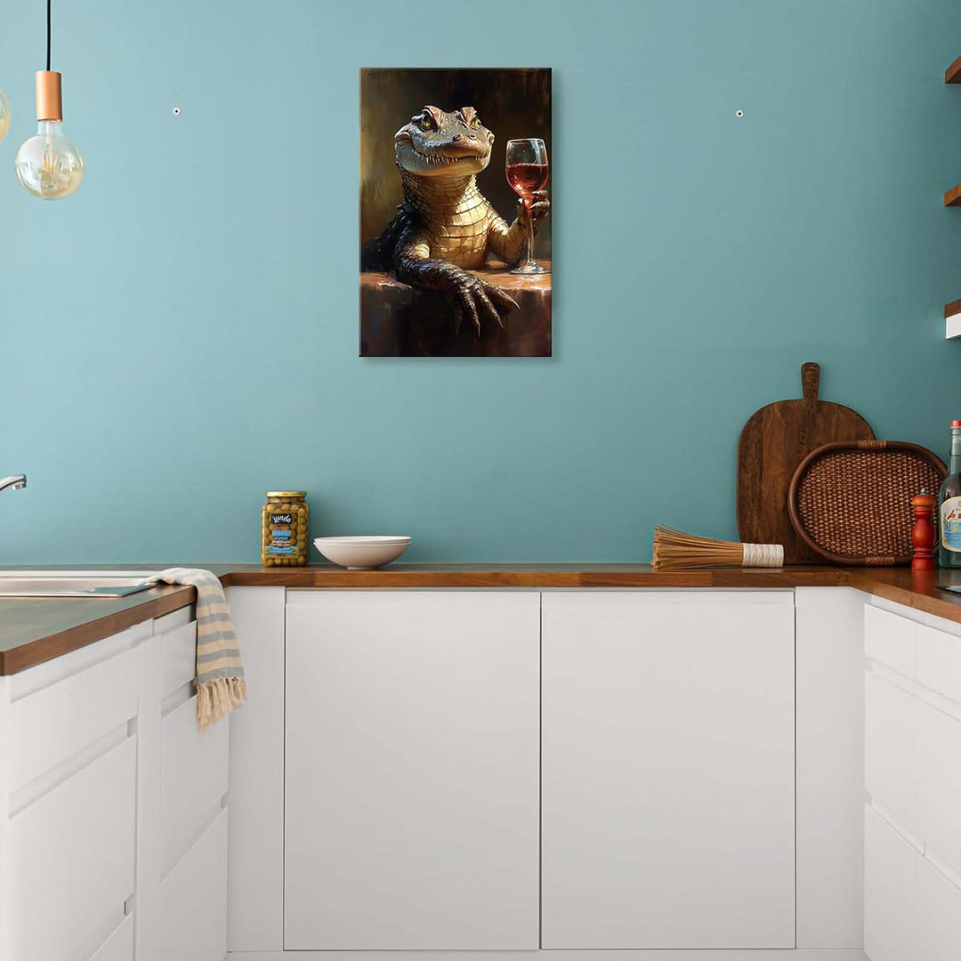 Animal Canvas Wall Art, A Crocodile Taste Wine Picture Prints Gallery Wrapped Framed Canvas Decor For Dining Room Wall, 24X36 Inch