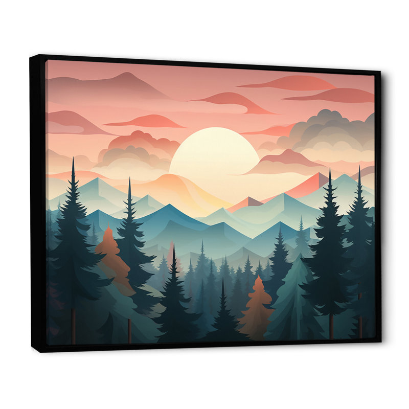 Montagnes rêvassant au coucher du soleil sur les arbres de la forêt I, H 12 po x l 20 po, Cadre flottant noir