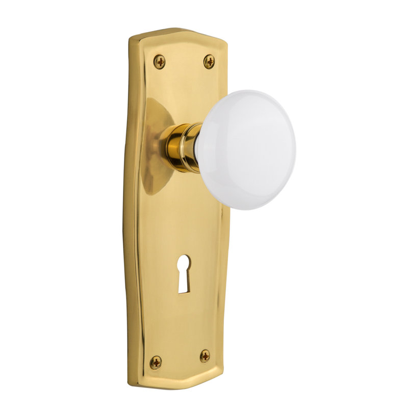 Prairie Plate with Decorative Keyhole and White Porcelain Door Knob, Polished Brass, 2-3/4”