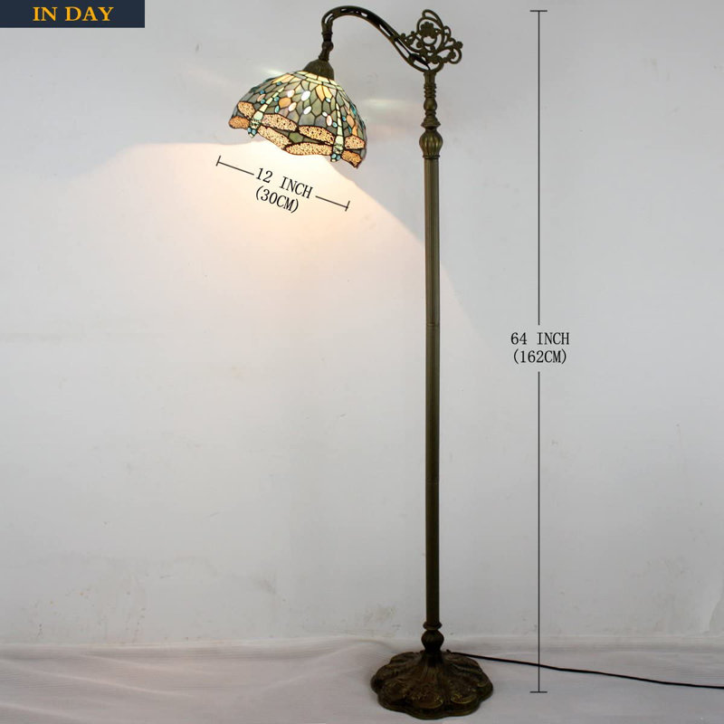 Adhley Tiffany Floor Lamp Sea Blue Stained Glass Dragonfly Arched Lamp 12X18X64 inch Gooseneck Adjustable