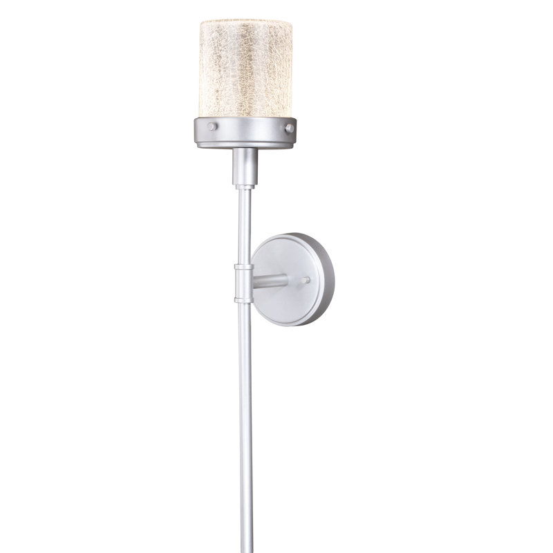 Zeringue 21.5 in. H 1-Light Painted Satin Nickel Outdoor Wall Sconce made of Durable Steel, Clear Crackle Glass Shade, Integrated LED, Use for Exterior Porch Patio Front Door or Garage