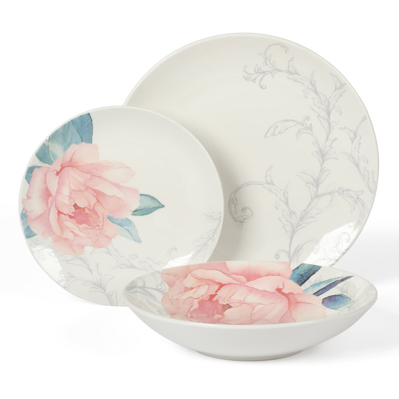 Cliffield Glossy Floral Porcelain Dinnerware Set, Service for 4