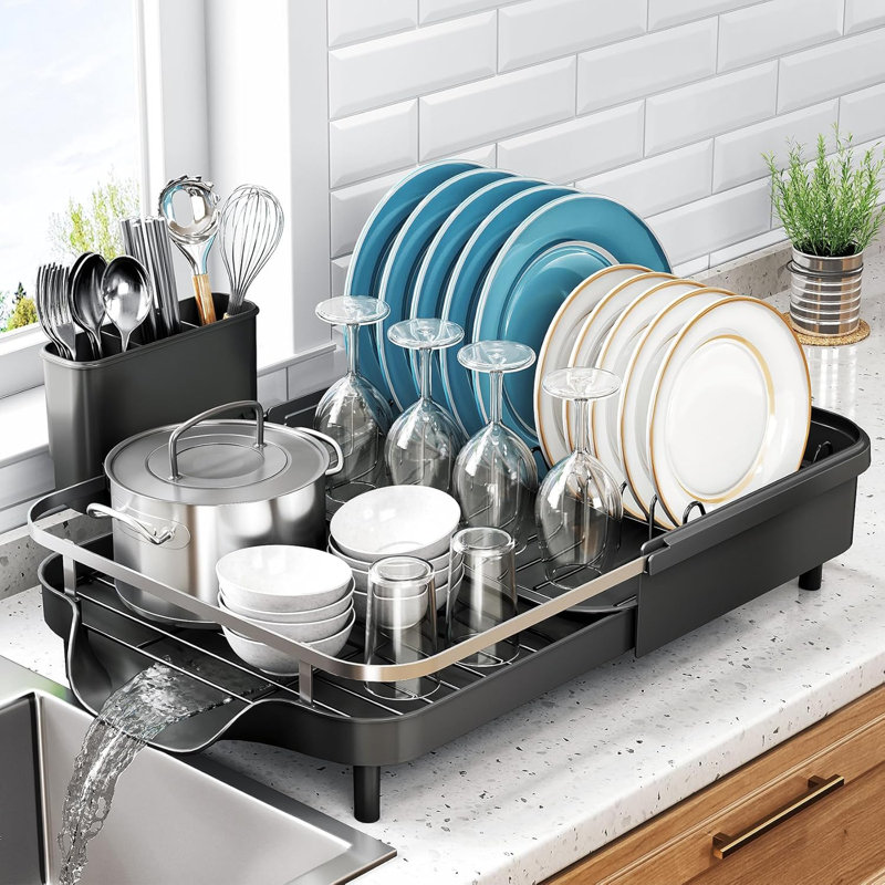 Égouttoir à vaisselle, égouttoir à vaisselle extensible pour comptoir de cuisine, égouttoir à vaisselle en acier inoxydable avec ensemble égouttoir et porte-ustensiles (noir)