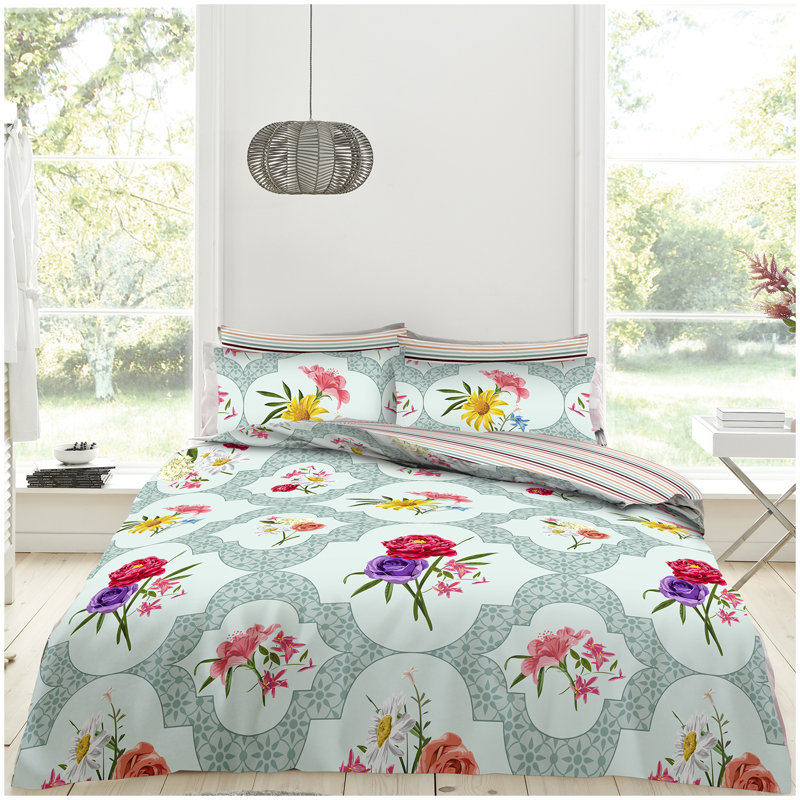 Cotton Blend Floral Duvet Cover with Pillowcases, King Duvet Cover + 2 Standard Pillowcases
