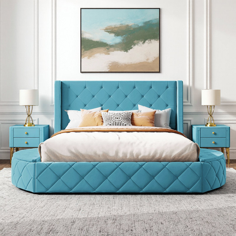Grand lit tapissier en velours avec tête de lit à oreilles et 2 tabourets de rangement latéraux, Bleu