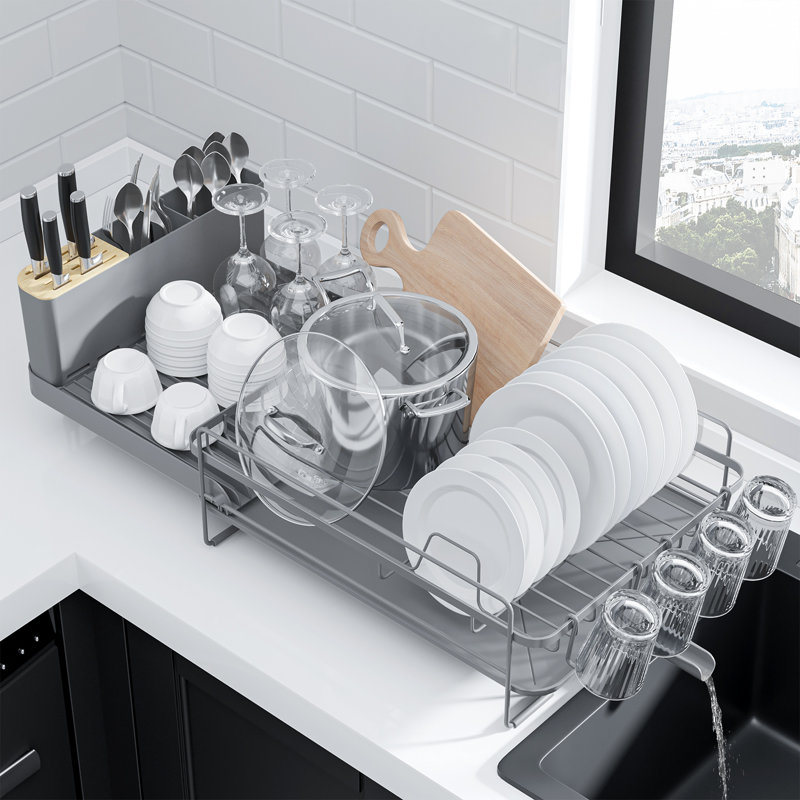 Extendable Dish Drying Rack, Large Drying Dish Rack with Cutlery & Cup Holders, Multifunctional Dish Racks for Counter with Drainage, 18.2"-25.7" L x 12.9" W, Grey