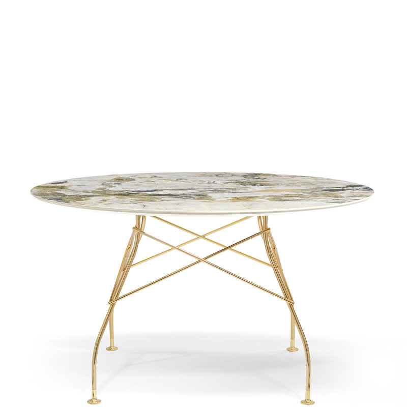 Glossy Round Dining Table, Gold, 50.39" W x 50.39" L, Symphonie Marble