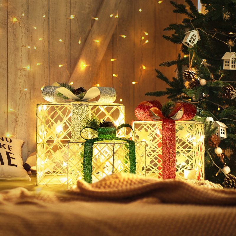  Set of 3 Christmas Lighted Gift Boxes, 60 LED Light up Present Boxes, 8 Modes Christmas Parcels Lights with Bow for Party, Home, Tree Decoration