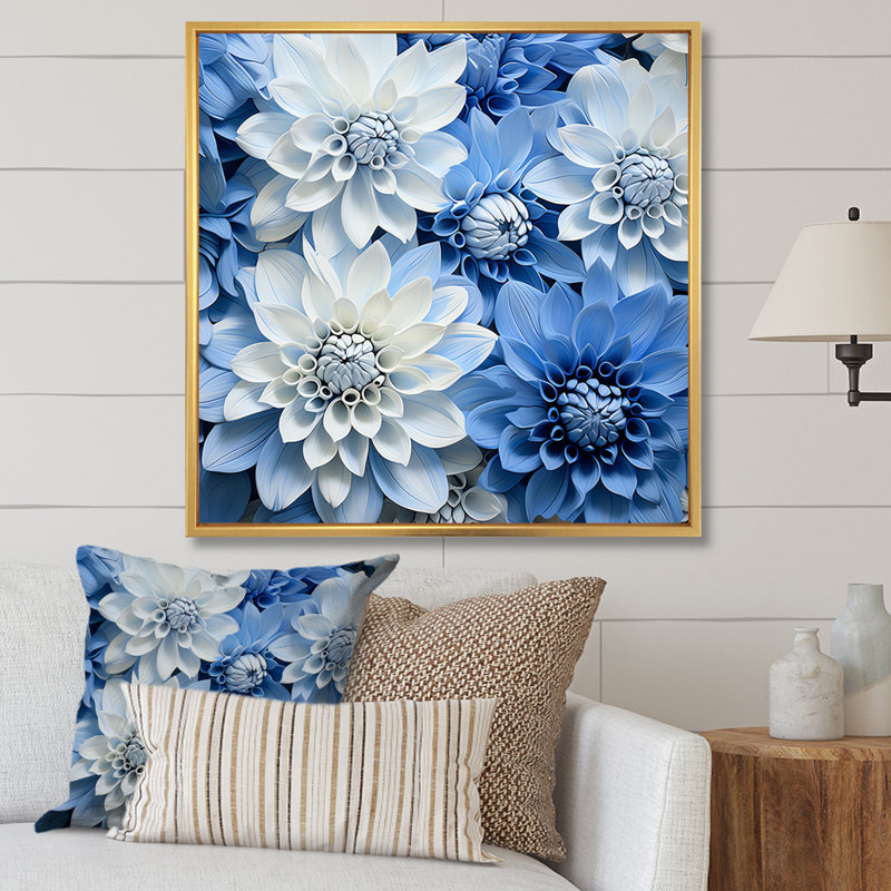 «White and Blue Dahlia Embrace I», reproduction sur toile, Cadre flottant doré, 36" H x 36" W