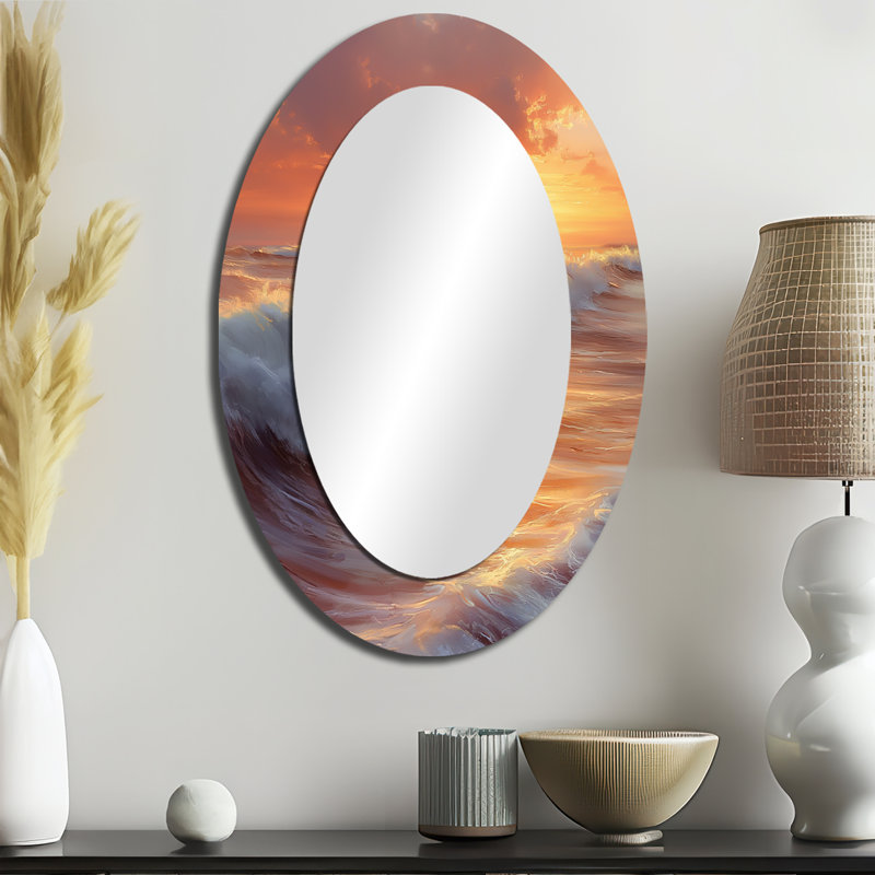 Yellow White Sunset Waves Ocean Bliss - Yellow Coastal Oval Wall Mirror, 36" x 24"