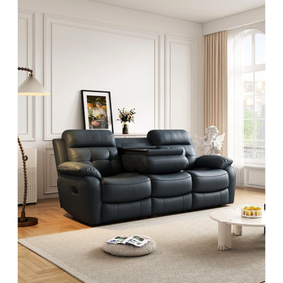 Fauteuil inclinable en cuir rembourré de mousse avec table rabattable et porte-boissons en acier inoxydable 3 tons de bleu doux