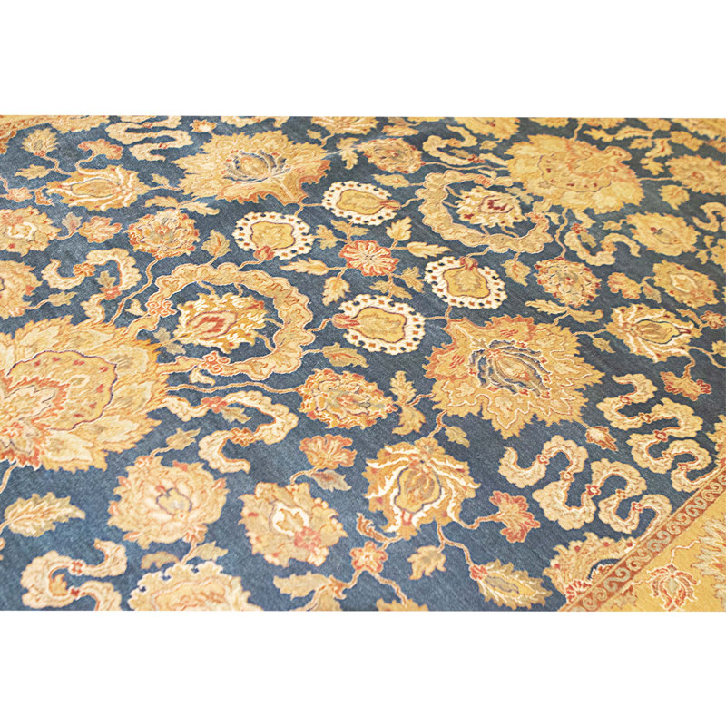 Hand Knotted Wool Area Rug in Blue And Gold