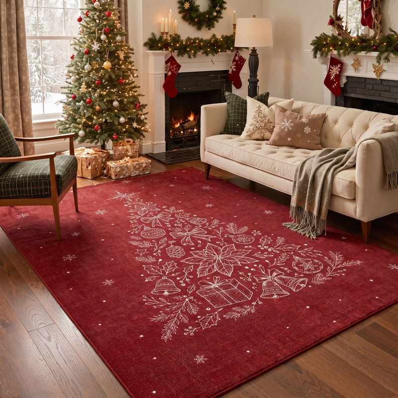 Tapis de salle à manger lavable à poils courts, motif floral rouge et blanc, avec pomme de pin et nœud, idéal pour Noël.