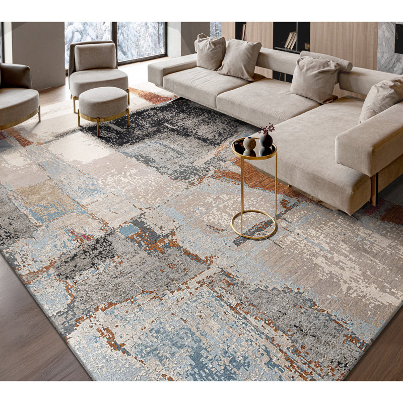 Hand Knotted Abstract Area Rug in Beige/Black/Orange/Red, Rectangle 5' x 8'