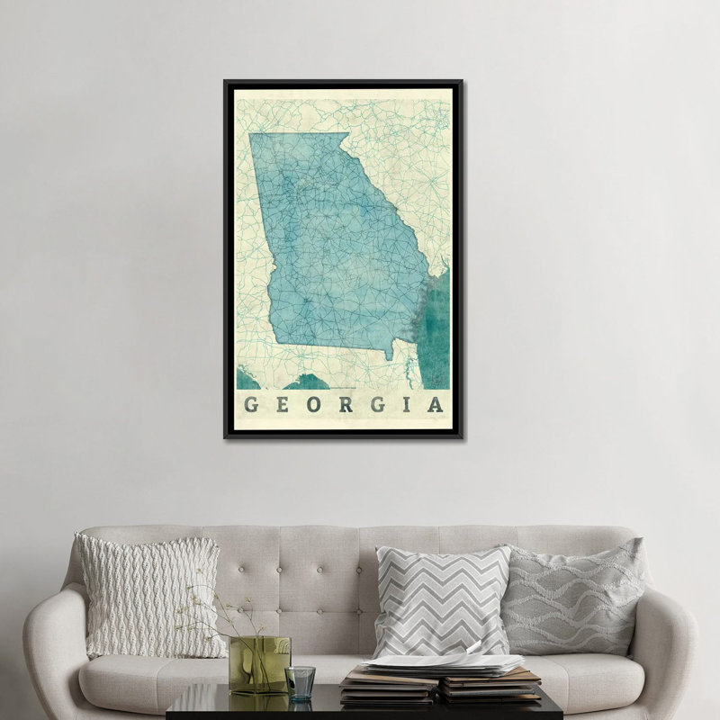 «Georgia Map», impression sur toile, H 26 po x l 18 po x P 1,5 po, Toile avec cadre noir, Pas de tapis