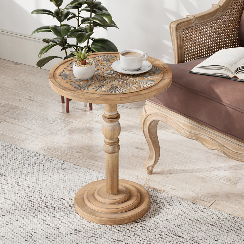 Farmhouse Round End Table With Carved Top