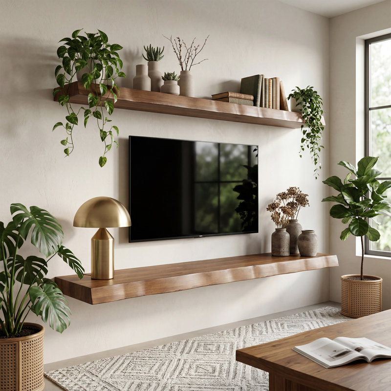 Meuble télé flottant pour téléviseur de 70 po ou moins, tablettes flottantes en bois massif pour salon, Dark Brown