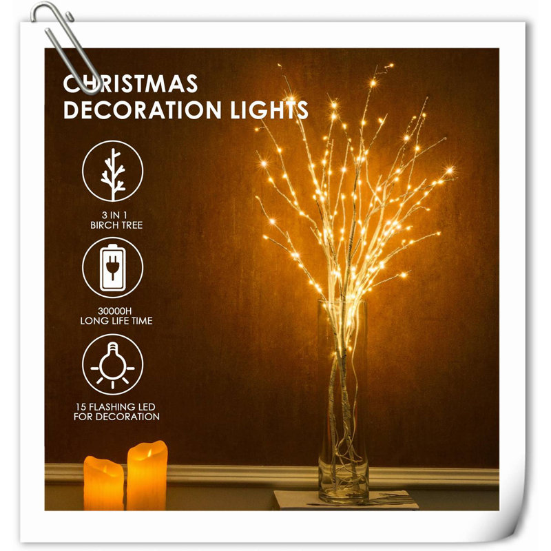 Lighted Birch Christmas Tree White Branches For Vase 33IN 180LED With Timer Plug In, Artificial Tree White Birch Twig For Christmas Home Decor Party Wedding Bedroom