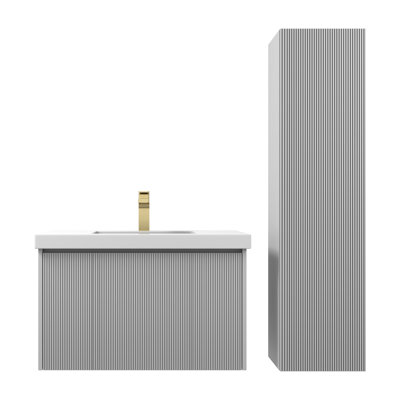 Meuble-lavabo mural 30 po avec lavabo en acrylique et armoire latérale Ledell - façade cannelée, tiroirs à fermeture en douceur Ledell