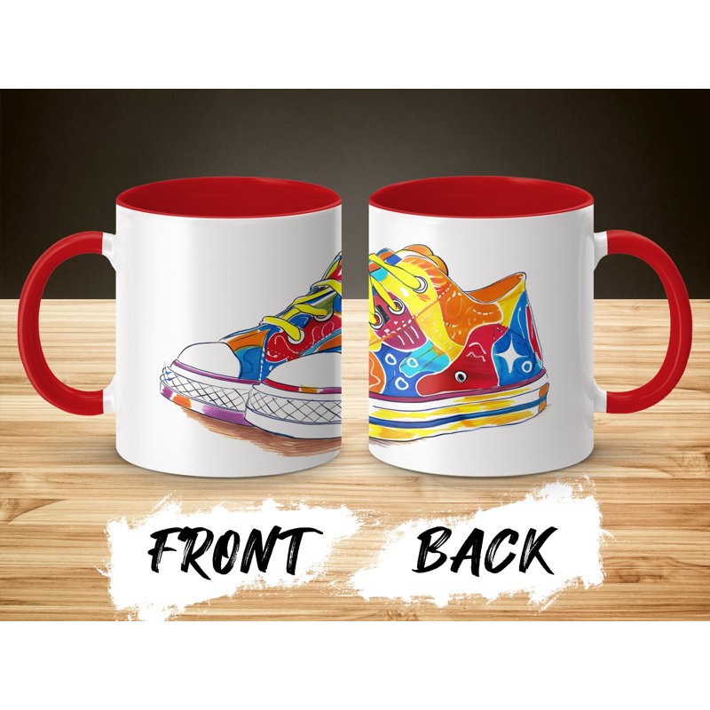 Kids Drawing Style 11oz Accent Mugs – Ceramic Coffee Cup with a Red Handle and Interior