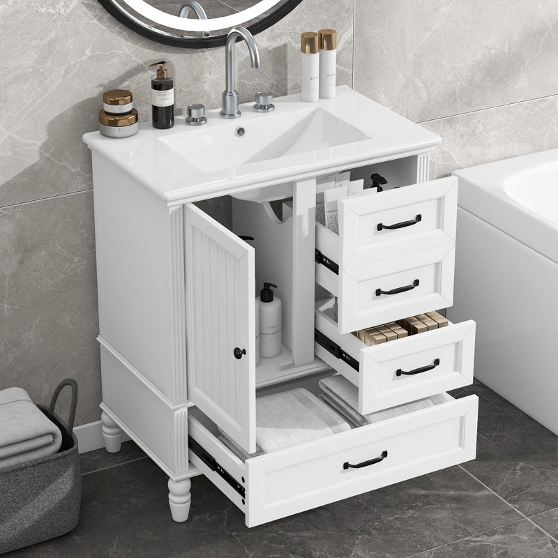 Meuble-lavabo de 30 po avec lavabo en céramique, Blanc/Noir