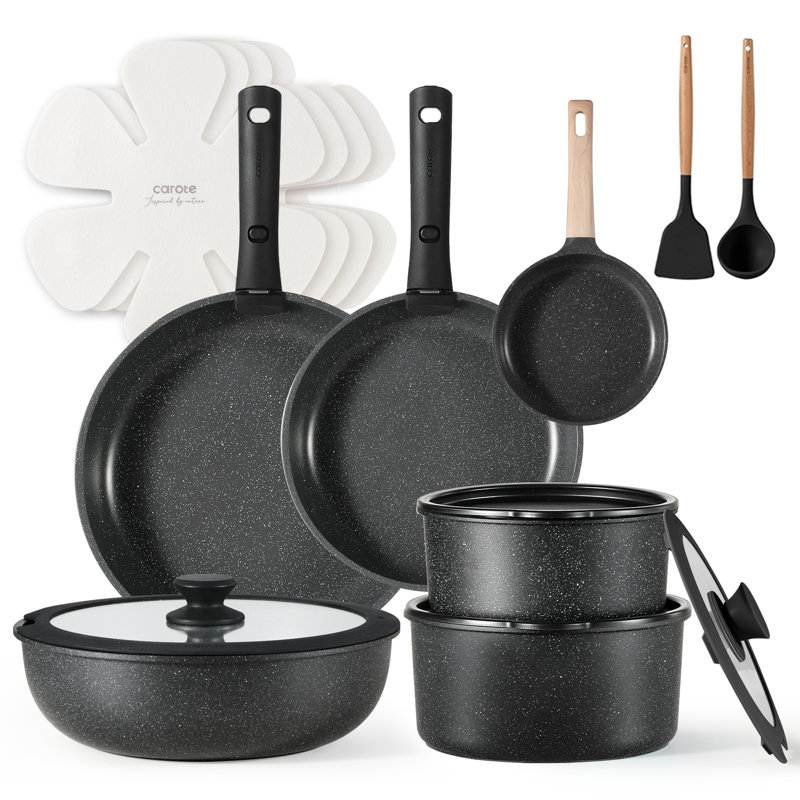 CAROTE 18-Piece Nonstick Cookware Set, Pots and Pans Set with Detachable Handle, Black