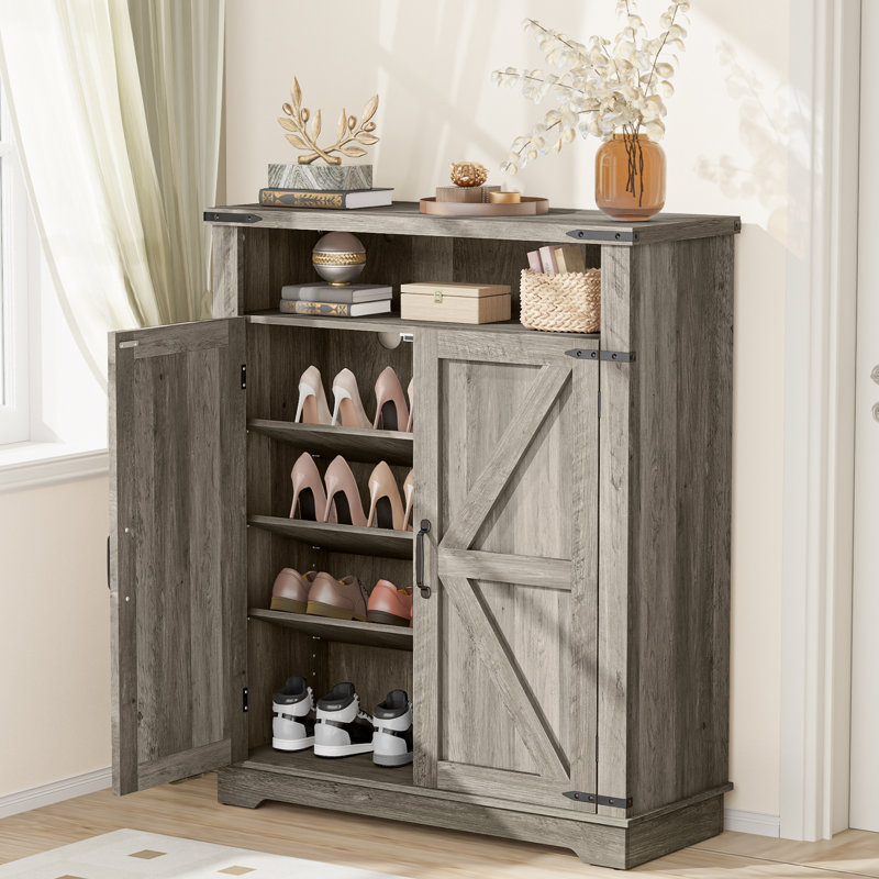Armoire de rangement pour chaussures de ferme 32 po avec portes de grange, rangement pour hall d'entrée en bois avec tablette ouverte à 2 niveaux et tablettes réglables