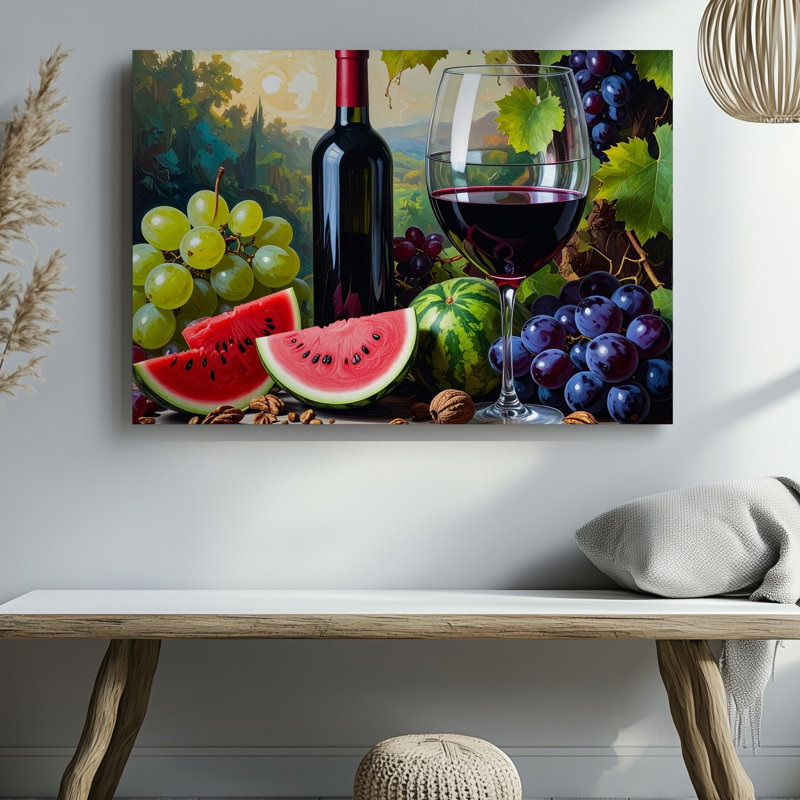 «Summer Harvest Still Life Canvascolorful Fruit and Wine Celebration», art sur toile, H 30 po x l 30 po