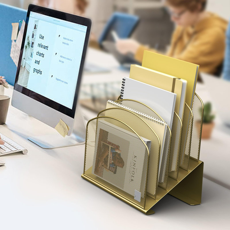 Organisateur de dossiers incliné pour bureau, support vertical pour dossiers, trieur de fichiers en métal (1 pièce, doré)