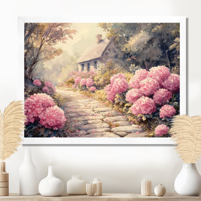 Hortensias par le chemin de pierre IV - hydrangées, art mural