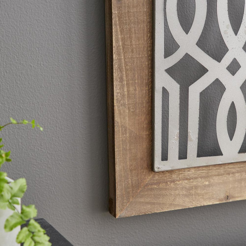 Heatherlynn Wood Geometric Home Brown Wall Decor with Silver Metal Trellis Cutouts Set
