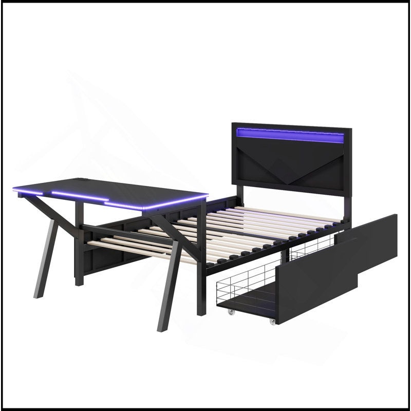 Lit plateforme en métal avec tête de lit à DEL, bureau à DEL, USB et deux tiroirs de rangement, noir, Lit simple