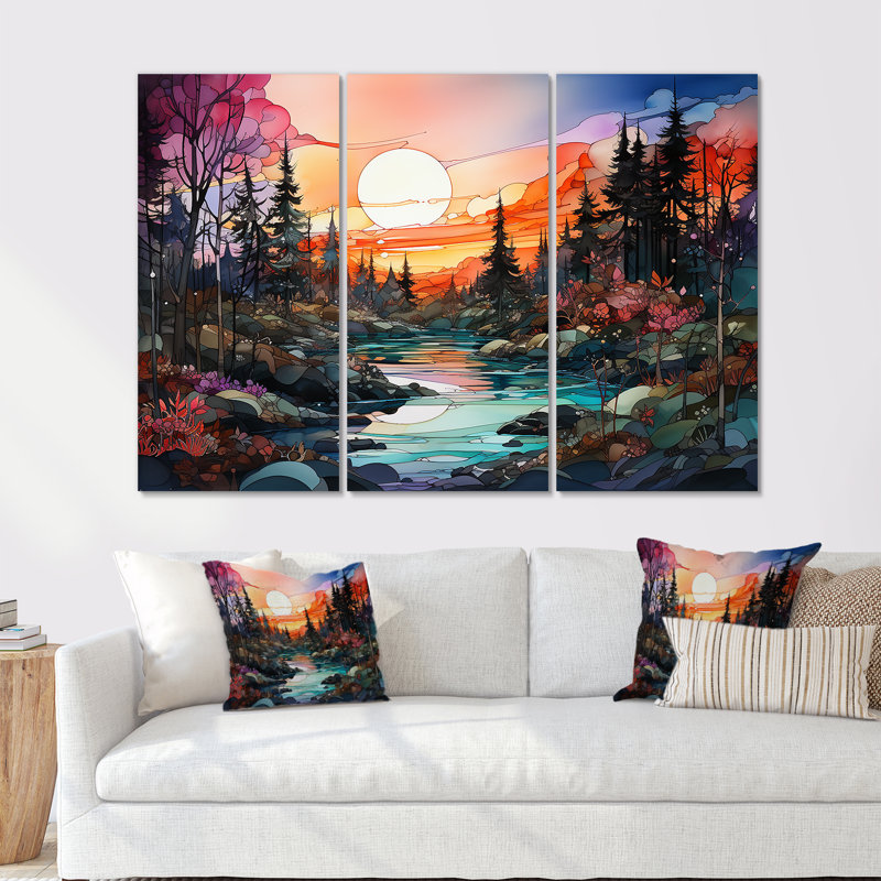 Rivière, rivière, forêt, lever de soleil - ensemble d'art mural forêt, Toile tendue, H 40 po x l 60 po x P 1 po