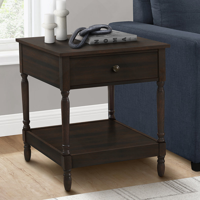 Table d'appoint, 2 niveaux, table de bout, table d'appoint, carré, table de chevet, chambre à coucher, lampe, placage brun, traditionnel