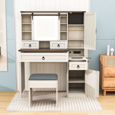 Vanity Desk with Lights, 4 Drawers and 2 Cabinets