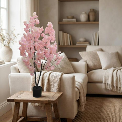 4ft Artificial Cherry Blossom Tree, Pink Silk Blossoms with Plastic Pot, Realistic Faux Indoor Tree for Home, Office, Wedding, and Party Decor – Low Maintenance, Easy Assembly, 120cm Tall
