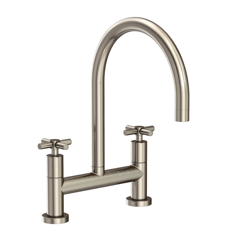 East Linear Kitchen Bridge Faucet, Antique Nickel, Knob/Cross handle
