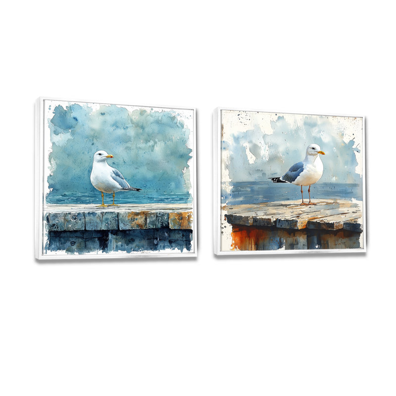 Mouette sur le quai I - décoration murale oiseau - art mural moderne 2 pièces, 16" H x 33" W, Floater Framed, Blanc